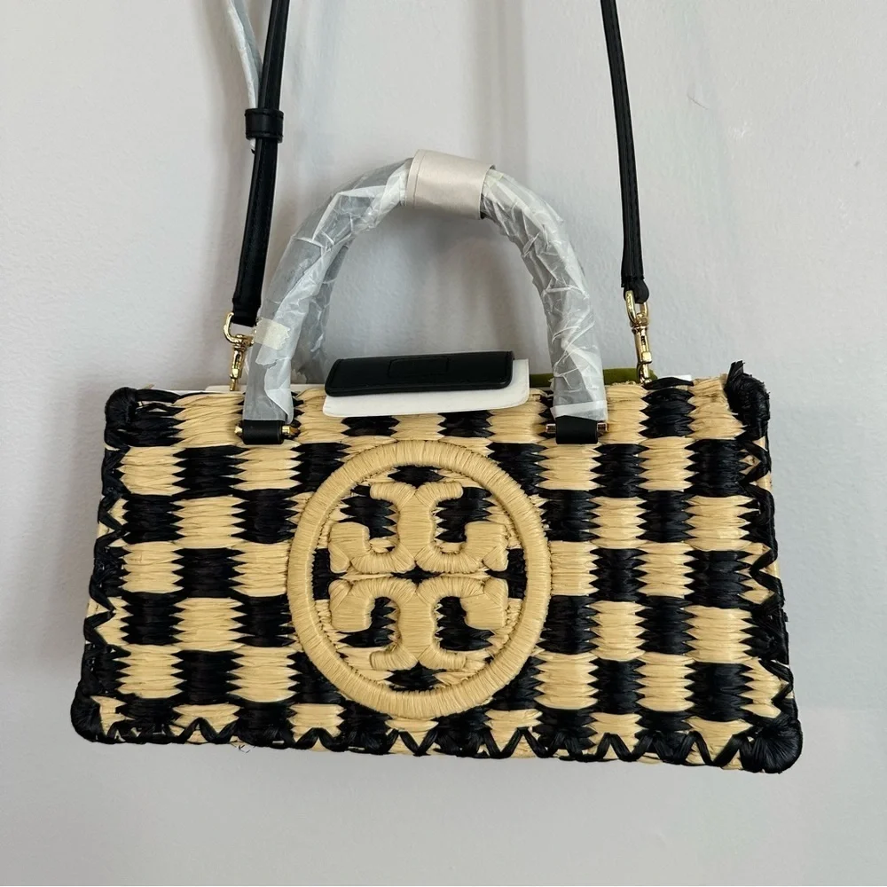 Tory Burch Ella Hand-Crocheted Checkered E/W Top Handle Black/Natural Purse NWT